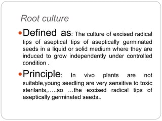 Root culture
Defined as: The culture of excised radical
tips of aseptical tips of aseptically germinated
seeds in a liquid or solid medium where they are
induced to grow independently under controlled
condition .
Principle: In vivo plants are not
suitable,young seedling are very sensitive to toxic
sterilants,…..so …the excised radical tips of
aseptically germinated seeds..
 