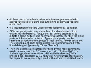 • (ii) Selection of suitable nutrient medium supplemented with
appropriate ratio of auxins and cytokinins or only appropriate
auxin, and
• (iii) Incubation of culture under controlled physical condition.
• Different plant parts carry a number of surface borne micro-
organisms-like bacteria, fungus etc. So, before attempting to
initiate a callus culture, it is necessary to surface sterilize the plant
parts which are to be cultured. Typical plant parts may be
segments of root or stem, pieces of leaf lamina, flower petals etc.
The excised plant parts called explants are at first washed with
liquid detergent (generally 5% v/v ‘Teepol’).
• Then the explants are surface sterilized by the most commonly
used chemicals such as 0.1% w/v mercuric chloride (HgCl2) or
Sodium hypochlorite (0.8% to 1.6% available chlorine) for a
limited time (generally 10-15 minutes). After surface sterilization,
the explants are repeatedly rinsed with autoclaved distilled water.
 