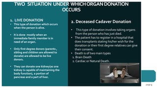 Contoso
Pharmaceuticals
TWO SITUATION UNDER WHICHORGANDONATION
OCCURS
page 5
1. LIVE DONATION
• This type of donation which occurs
when the person is alive.
• It is done mostly when an
immediate family member is in
need of an organ.
• Only first degree donors (parents ,
sibling and children are allowed to
donate) are allowed to be live
donors.
• They can donate one kidney(as one
kidney is capable of maintaining the
body function), a portion of
pancreas and a part of liver.
2. Deceased Cadaver Donation
• This type of donation involves taking organs
from the person who has just died.
• The patient has to register in a hospital that
does transplants stating his/her wish for the
donation or their first degree relatives can give
their consent.
• Death is of two main types
1. Brain Death
2. Cardiac or Natural Death.
 