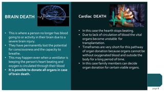 Contoso
Pharmaceuticals
page 6
BRAIN DEATH
• This is where a person no longer has blood
going to or activity in their brain due to a
severe brain injury.
• They have permanently lost the potential
for consciousness and the capacity to
breathe.
• This may happen even when a ventilator is
keeping the person's heart beating and
oxygen is circulated through their blood.
• It is possible to donate all organs in case
of brain death.
Cardiac DEATH
• In this case the hearth stops beating.
• Due to lack of circulation of blood the vital
organs become unstable for
transplantation.
• Timeframes are very short for this pathway
of organ donation because organs cannot be
without oxygenated blood and outside the
body for a long period of time.
• In this case family members can decide
organ donation for certain viable organs.
•
 
