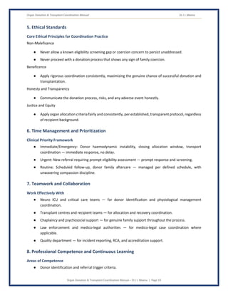 Organ Donation & Transplant Coordination Manual Dr J L Meena
Organ Donation & Transplant Coordination Manual – Dr J L Meena | Page 19
5. Ethical Standards
Core Ethical Principles for Coordination Practice
Non-Maleficence
● Never allow a known eligibility screening gap or coercion concern to persist unaddressed.
● Never proceed with a donation process that shows any sign of family coercion.
Beneficence
● Apply rigorous coordination consistently, maximizing the genuine chance of successful donation and
transplantation.
Honesty and Transparency
● Communicate the donation process, risks, and any adverse event honestly.
Justice and Equity
● Apply organ allocation criteria fairly and consistently, per established, transparent protocol, regardless
of recipient background.
6. Time Management and Prioritization
Clinical Priority Framework
● Immediate/Emergency: Donor haemodynamic instability, closing allocation window, transport
coordination — immediate response, no delay.
● Urgent: New referral requiring prompt eligibility assessment — prompt response and screening.
● Routine: Scheduled follow-up, donor family aftercare — managed per defined schedule, with
unwavering compassion discipline.
7. Teamwork and Collaboration
Work Effectively With
● Neuro ICU and critical care teams — for donor identification and physiological management
coordination.
● Transplant centres and recipient teams — for allocation and recovery coordination.
● Chaplaincy and psychosocial support — for genuine family support throughout the process.
● Law enforcement and medico-legal authorities — for medico-legal case coordination where
applicable.
● Quality department — for incident reporting, RCA, and accreditation support.
8. Professional Competence and Continuous Learning
Areas of Competence
● Donor identification and referral trigger criteria.
 