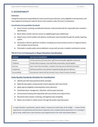 Organ Donation & Transplant Coordination Manual Dr J L Meena
Organ Donation & Transplant Coordination Manual – Dr J L Meena | Page 26
5. ACCOUNTABILITY
Definition
Taking full professional responsibility for every consent process decision, every eligibility screening choice, and
every logistical coordination made for donors and recipients under this team's coordination.
Coordination Accountability Standards
● Every consent, screening, and allocation decision is documented with the responsible team member's
identification.
● Never allow a known coercion concern or eligibility gap to go unaddressed.
● Report every critical incident and adverse coordination event honestly through the quality reporting
system.
● Participate in RCA for significant incidents, including any consent process concern or logistical failure,
with complete clinical honesty.
● Participate in quality audits and accreditation surveys with accurate, complete coordination records.
The R-T-A-C-A Framework in Organ Donation Coordination
Standard Core Focus in Coordination
Respect Family autonomy and every donor's gift honoured equally, regardless of pressure
Timeliness Prompt referral response; unhurried family conversation; precise logistics
Accuracy Exact consent documentation, complete screening, precise allocation/transport
Compassion Grief honoured first; every decision respected equally; genuine aftercare
Accountability Every decision owned and documented; every incident honestly reviewed
Daily Quality Standards Checklist for Coordination
● Identify and refer every potential donor promptly.
● Apply the decoupled, compassionate consent approach with every family.
● Apply rigorous eligibility screening before every allocation.
● Coordinate donor management, allocation, and transport precisely.
● Communicate honestly and respectfully with every family and recipient team.
● Document every consent, screening, and logistical step completely.
● Report any incident or safety concern through the quality reporting system.
In organ donation coordination, patient safety is measured on both sides of the bridge — a donor family
experiences it as grief honoured and choice respected, and a recipient family experiences it as a stranger's
gift arriving, viable and on time, because every logistical link in the chain held without failure.
 