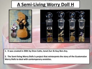 A Semi-Living Worry Doll H
1. It was created in 2001 by Oron Catts, Ionat Zurr & Guy Ben-Ary.
2. The Semi-living Worry Dolls is project that reinterprets the story of the Guatemalan
Worry Dolls to deal with contemporary anxieties.
 