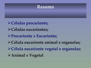 Células procarionte; Células eucariontes; Procarionte x Eucarionte; Célula eucarionte animal e organelas; Célula eucarionte vegetal e organelas; Animal x Vegetal Resumo 