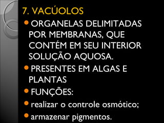 77.. VVAACCÚÚOOLLOOSS 
ORGANELAS DELIMITADAS 
POR MEMBRANAS, QUE 
CONTÉM EM SEU INTERIOR 
SOLUÇÃO AQUOSA. 
PRESENTES EM ALGAS E 
PLANTAS 
FUNÇÕES: 
realizar o controle osmótico; 
armazenar pigmentos. 
 