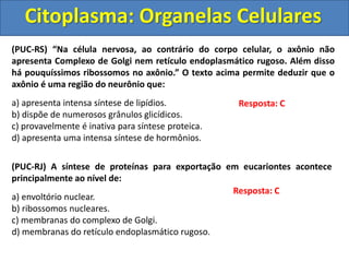 Citoplasma: Organelas Celulares
(PUC-RS) “Na célula nervosa, ao contrário do corpo celular, o axônio não
apresenta Complexo de Golgi nem retículo endoplasmático rugoso. Além disso
há pouquíssimos ribossomos no axônio.” O texto acima permite deduzir que o
axônio é uma região do neurônio que:
a) apresenta intensa síntese de lipídios.
b) dispõe de numerosos grânulos glicídicos.
c) provavelmente é inativa para síntese proteica.
d) apresenta uma intensa síntese de hormônios.
Resposta: C
(PUC-RJ) A síntese de proteínas para exportação em eucariontes acontece
principalmente ao nível de:
a) envoltório nuclear.
b) ribossomos nucleares.
c) membranas do complexo de Golgi.
d) membranas do retículo endoplasmático rugoso.
Resposta: C
 