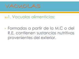 1. Vacuolas alimenticias:
• Formadas a partir de la M.C o del
R.E, contienen sustancias nutritivas
provenientes del exterior.
 