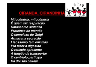 CIRANDA, CIRANDINHA
Mitocôndria, mitocôndria
É quem faz respiração
Ribossomo sintetiza
Proteínas de montão
O complexo de Golgi
Armazena secreção
Lisossomo tem enzimas
Pra fazer a digestão
O reticulo apresenta
A função de transportar
O centríolo participa
Da divisão celular
 