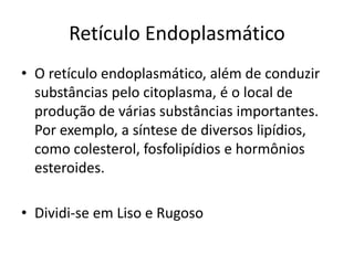 Retículo Endoplasmático
• O retículo endoplasmático, além de conduzir
substâncias pelo citoplasma, é o local de
produção de várias substâncias importantes.
Por exemplo, a síntese de diversos lipídios,
como colesterol, fosfolipídios e hormônios
esteroides.
• Dividi-se em Liso e Rugoso
 