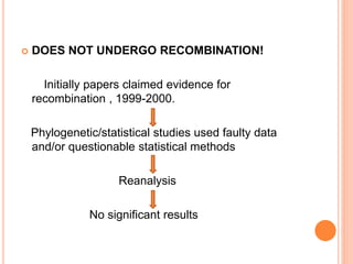  DOES NOT UNDERGO RECOMBINATION!
Initially papers claimed evidence for
recombination , 1999-2000.
Phylogenetic/statistical studies used faulty data
and/or questionable statistical methods
Reanalysis
No significant results
 