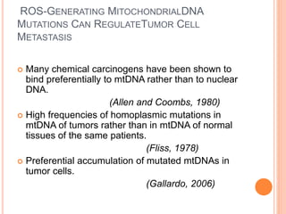ROS-GENERATING MITOCHONDRIALDNA
MUTATIONS CAN REGULATETUMOR CELL
METASTASIS
 Many chemical carcinogens have been shown to
bind preferentially to mtDNA rather than to nuclear
DNA.
(Allen and Coombs, 1980)
 High frequencies of homoplasmic mutations in
mtDNA of tumors rather than in mtDNA of normal
tissues of the same patients.
(Fliss, 1978)
 Preferential accumulation of mutated mtDNAs in
tumor cells.
(Gallardo, 2006)
 