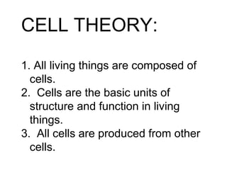 CELL THEORY:
1. All living things are composed of
cells.
2. Cells are the basic units of
structure and function in living
things.
3. All cells are produced from other
cells.
 