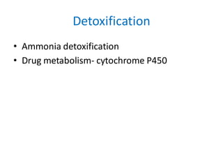 Detoxification
• Ammonia detoxification
• Drug metabolism- cytochrome P450
 