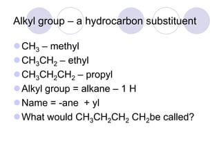 Alkyl group – a hydrocarbon substituent

CH3 – methyl
CH3CH2 – ethyl
CH3CH2CH2 – propyl
Alkyl group = alkane – 1 H
Name = -ane + yl
What would CH3CH2CH2 CH2be called?
 