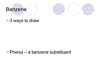 Benzene

3 ways to draw




Phenyl – a benzene substituent
 
