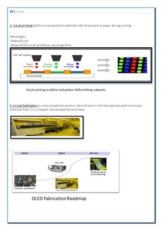 15 | P a g e
3. Ink jet printing OLEDs are sprayed onto substrates like ink sprayed on paper during printing
Advantages:
-Reduced cost
-Allows OLEDs to be printed on very large films.
Ink jet printing to define and pattern RGB emitting subpixels
4. In-Line Fabrication is a mass production process. Here Vertical in-line tool operates with continuous
substrate flow. It is a cheaper mass production technique.
OLED FabricationRoadmap
 