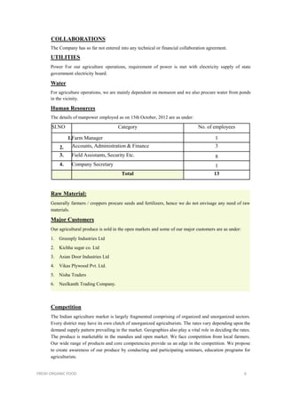 COLLABORATIONS
The Company has so far not entered into any technical or financial collaboration agreement.
UTILITIES
Power For our agriculture operations, requirement of power is met with electricity supply of state
government electricity board.
Water
For agriculture operations, we are mainly dependent on monsoon and we also procure water from ponds
in the vicinity.
Human Resources
The details of manpower employed as on 15th October, 2012 are as under:
SI.NO Category No. of employees
1.Farm Manager 1
2. Accounts, Administration & Finance 3
3. Field Assistants, Security Etc. 8
4. Company Secretary 1
Total 13
Raw Material:
Generally farmers / croppers procure seeds and fertilizers, hence we do not envisage any need of raw
materials.
Major Customers
Our agricultural produce is sold in the open markets and some of our major customers are as under:
1. Greenply Industries Ltd
2. Kichha sugar co. Ltd
3. Asian Door Industries Ltd
4. Vikas Plywood Pvt. Ltd.
5. Nisha Traders
6. Neelkanth Trading Company.
Competition
The Indian agriculture market is largely fragmented comprising of organized and unorganized sectors.
Every district may have its own clutch of unorganized agriculturists. The rates vary depending upon the
demand supply pattern prevailing in the market. Geographies also play a vital role in deciding the rates.
The produce is marketable in the mandies and open market. We face competition from local farmers.
Our wide range of products and core competencies provide us an edge in the competition. We propose
to create awareness of our produce by conducting and participating seminars, education programs for
agriculturists.
FRESH ORGANIC FOOD 6
 