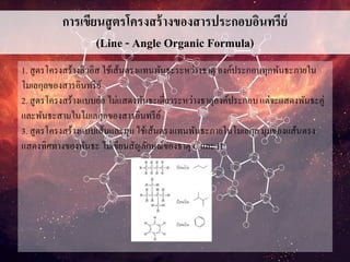 การเขียนสูตรโครงสร้างของสารประกอบอินทรีย์
(Line - Angle Organic Formula)
1. สูตรโครงสร้างลิวอิส ใช้เส้นตรงแทนพันธะระหว่างธาตุ องค์ประกอบทุกพันธะภายใน
โมเลกุลของสารอินทรีย์
2. สูตรโครงสร้างแบบย่อ ไม่แสดงพันธะเดี่ยวระหว่างธาตุองค์ประกอบ แต่จะแสดงพันธะคู่
และพันธะสามในโมเลกุลของสารอินทรีย์
3. สูตรโครงสร้างแบบเส้นและมุม ใช้เส้นตรงแทนพันธะภายในโมเลกุล มุมของแส้นตรง
แสดงทิศทางของพันธะ ไม่เขียนสัญลักษณ์ของธาตุ C และ H
 