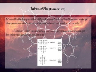 ไอโซเมอริซึม (Isomerism)
ไอโซเมอริซึม คือ ปรากฏการณ์ซึ่งสารที่มีสูตรโมเลกุลเหมือนกัน แต่มีสมบัติทางกายภาพ เช่นจุด
เดือนจุดหลอมเหลวต่างกัน เรียกสารเหล่านั้นว่า ไอโซเมอร์ แบ่งออกเป็น 2 ประเภท คือ
1. ไอโซเมอร์โครงสร้างแบบเส้น (Structural isomer) มีสูตรโมเลกุลเหมือนกันแต่มีสูตร
โครงสร้างการจัดเรียนที่แตกต่างกัน เช่น C5H12
 