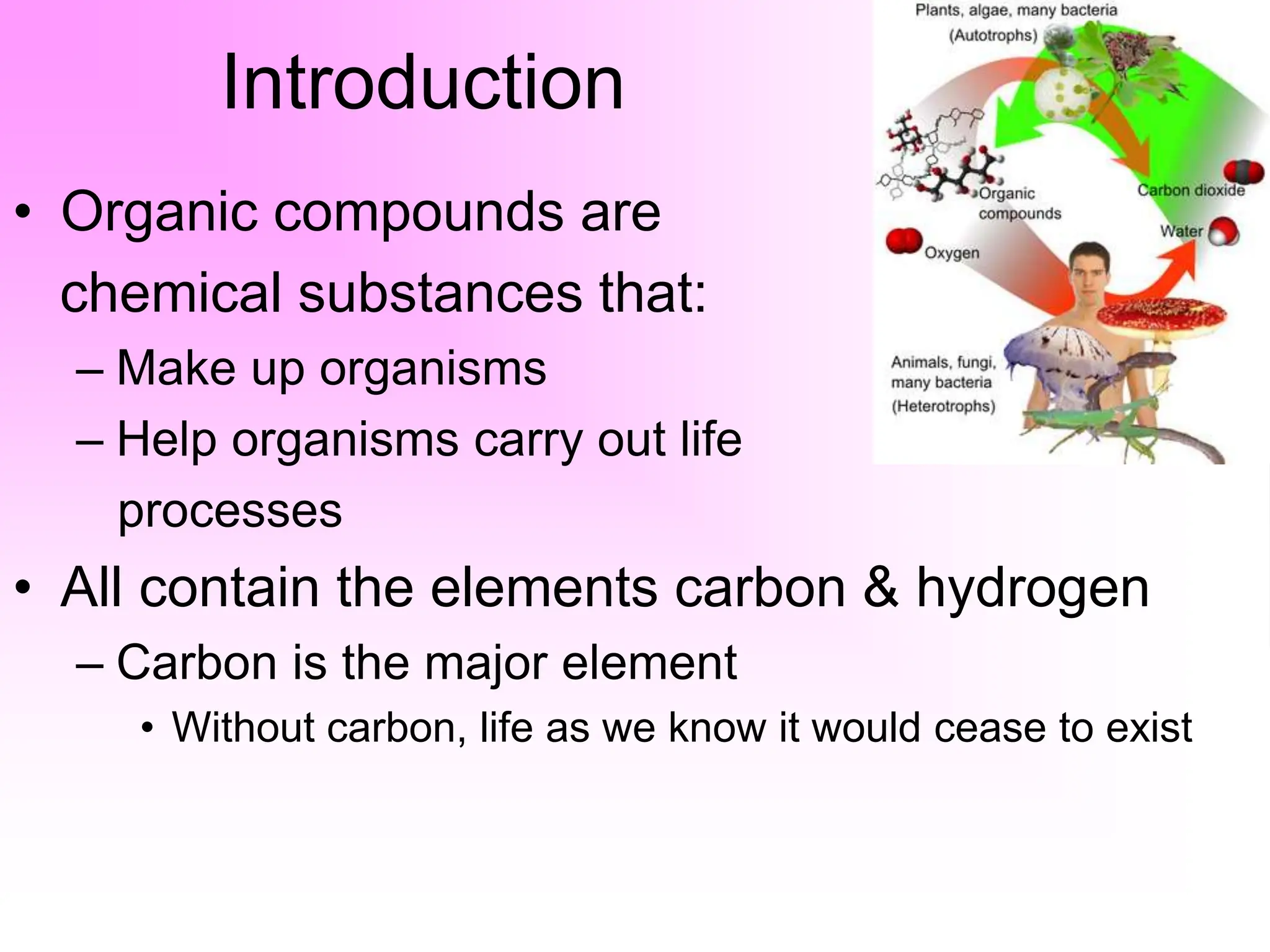 Introduction
• Organic compounds are
chemical substances that:
– Make up organisms
– Help organisms carry out life
processes
• All contain the elements carbon & hydrogen
– Carbon is the major element
• Without carbon, life as we know it would cease to exist
 