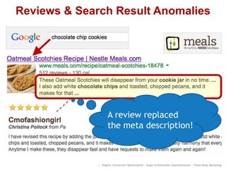 Reviews & Search Result Anomalies
:: Organic Conversion Optimization - Angie Schottmuller @aschottmuller - Three Deep Marketing
A review replaced
the meta description!
 