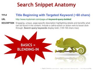 Search Snippet Anatomy
:: Organic Conversion Optimization - Angie Schottmuller @aschottmuller - Three Deep Marketing
Title Beginning with Targeted Keyword (~60 chars)
Engaging, unique, page-specific description highlighting details and benefits what
can be found in the content. Include a call-to-action or action verb to boost click-
through. Search query keywords display bold. (139-156 chars max)
http://www.mydomain.com/page-url-keyword-query-bolded/
TITLE
URL
DESCRIPTION
BASICS =
BLENDING-IN
 