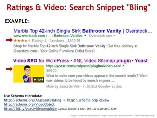 Ratings & Video: Search Snippet "Bling"
:: Organic Conversion Optimization - Angie Schottmuller @aschottmuller - Three Deep Marketing
EXAMPLE:
Use Schema microdata:
http://schema.org/AggregateRating + http://schema.org/Review
http://schema.org/VideoObject
http://bit.ly/yoastvideoseoplugin (Annual license: 1 Site= $69. Up to 20 Sites= $249)
 