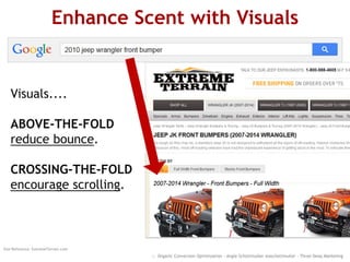 Enhance Scent with Visuals
:: Organic Conversion Optimization - Angie Schottmuller @aschottmuller - Three Deep Marketing
Visuals....
ABOVE-THE-FOLD
reduce bounce.
CROSSING-THE-FOLD
encourage scrolling.
Site Reference: ExtremeTerrain.com
 