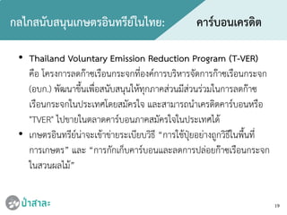 19
กลไกสนับสนุนเกษตรอินทรียในไทย: คารบอนเครดิต
• Thailand Voluntary Emission Reduction Program (T-VER)
คือ โครงการลดกาซเรือนกระจกที่องคการบริหารจัดการกาซเรือนกระจก
(อบก.) พัฒนาขึ้นเพื่อสนับสนุนใหทุกภาคสวนมีสวนรวมในการลดกาซ
เรือนกระจกในประเทศโดยสมัครใจ และสามารถนําเครดิตคารบอนหรือ
"TVER" ไปขายในตลาดคารบอนภาคสมัครใจในประเทศได
• เกษตรอินทรียนาจะเขาขายระเบียบวิธี “การใชปุยอยางถูกวิธีในพื้นที่
การเกษตร” และ “การกักเก็บคารบอนและลดการปลอยกาซเรือนกระจก
ในสวนผลไม”
 