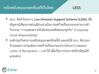21
กลไกสนับสนุนเกษตรอินทรียในไทย: LESS
• อบก. จัดทําโครงการ Low Emission Support Scheme (LESS) เพื่อ
เชิญชวนใหทุกภาคสวนมีสวนรวมในการลดกาซเรือนกระจกผานการทํา
กิจกรรม “การแสดงความรับผิดชอบตอสังคมของธุรกิจ” (Corporate
Social Responsibility)
• องคกรธุรกิจสามารถสนับสนุนเกษตรอินทรีย และขอให อบก. พิจารณา
รับรองผลการประเมินการลดกาซเรือนกระจกจากโครงการ และออก
Letter of Recognition – LoR ให เพื่อเปนการประกาศเกียรติคุณให
แกองคกร
 