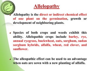 Allelopathy
Allelopathy is the direct or indirect chemical effect
of one plant on the germination, growth or
development of neighboring plants.
Species of both crops and weeds exhibit this
ability. Allelopathic crops include barley, rye,
annual ryegrass, buckwheat, oats, sorghum, sudan
sorghum hybrids, alfalfa, wheat, red clover, and
sunflower.
The alleopathic effect can be used to an advantage
when oats are sown with a new planting of alfalfa.
 