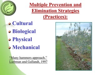 Multiple Prevention and
Elimination Strategies
(Practices):
Cultural
Biological
Physical
Mechanical
“Many hammers approach.”
Liebman and Gallandt, 1997
 