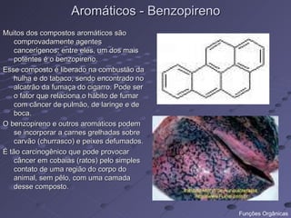 Aromáticos - Benzopireno
Muitos dos compostos aromáticos são
   comprovadamente agentes
   cancerígenos; entre eles, um dos mais
   potentes é o benzopireno.
Esse composto é liberado na combustão da
   hulha e do tabaco, sendo encontrado no
   alcatrão da fumaça do cigarro. Pode ser
   o fator que relaciona o hábito de fumar
   com câncer de pulmão, de laringe e de
   boca.
O benzopireno e outros aromáticos podem
   se incorporar a carnes grelhadas sobre
   carvão (churrasco) e peixes defumados.
É tão carcinogênico que pode provocar
   câncer em cobaias (ratos) pelo simples
   contato de uma região do corpo do
   animal, sem pêlo, com uma camada
   desse composto.


                                               Funções Orgânicas
 