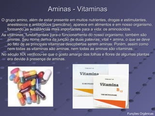 Aminas - Vitaminas
O grupo amino, além de estar presente em muitos nutrientes, drogas e estimulantes,
   anestésicos e antibióticos (penicilina), aparece em alimentos e em nosso organismo,
   formando as substâncias mais importantes para a vida: os aminoácidos.
As vitaminas, fundamentais para o funcionamento do nosso organismo, também são
   aminas. Seu nome deriva da junção de duas palavras: vital + amina, o que se deve
   ao fato de as principais vitaminas descobertas serem aminas. Porém, assim como
   nem todas as vitaminas são aminas, nem todas as aminas são vitaminas.
No século XIX verificou-se que o gosto amargo das folhas e flores de algumas plantas
   era devido à presença de aminas.




                                                                       Funções Orgânicas
 