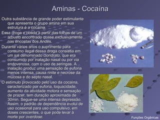 Aminas - Cocaína
Outra substância de grande poder estimulante
   que apresenta o grupo amina em sua
   estrutura é a cocaína.
Essa droga e obtida a partir das folhas de um
   arbusto encontrado quase exclusivamente
   nas encostas dos Andes.
Durante vários anos o suprimento para
   consumo ilegal dessa droga consistia em
   um sal denominado cloridrato, que era
   consumido por inalação nasal ou por via
   endovenosa, com o uso de seringas. A
   inalação produz uma sensação de euforia
   menos intensa, causa rinite e necrose da
   mucosa e do septo nasal.
O estímulo provocado pelo uso da cocaína,
   caracterizado por euforia, loquacidade,
   aumento da atividade motora e sensação
   de prazer, tem duração aproximada de
   30min. Segue-se uma intensa depressão.
   Assim, o padrão de dependência evolui de
   uso ocasional para uso compulsivo, em
   doses crescentes, o que pode levar à
   morte por overdose.                          Funções Orgânicas
 