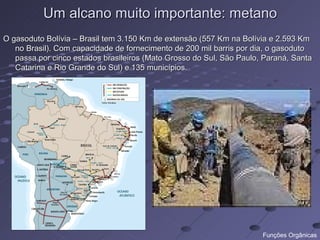 Um alcano muito importante: metano
O gasoduto Bolívia – Brasil tem 3.150 Km de extensão (557 Km na Bolívia e 2.593 Km
   no Brasil). Com capacidade de fornecimento de 200 mil barris por dia, o gasoduto
   passa por cinco estados brasileiros (Mato Grosso do Sul, São Paulo, Paraná, Santa
   Catarina e Rio Grande do Sul) e 135 municípios.




                                                                      Funções Orgânicas
 