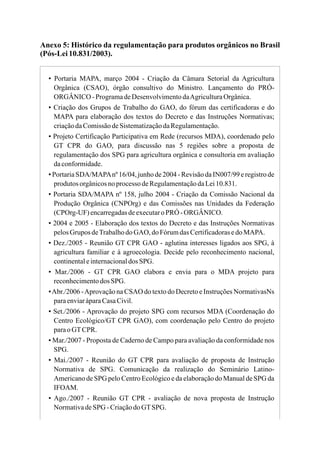 Anexo 5: Histórico da regulamentação para produtos orgânicos no Brasil
(Pós-Lei10.831/2003).
▪ Portaria MAPA, março 2004 - Criação da Câmara Setorial da Agricultura
Orgânica (CSAO), órgão consultivo do Ministro. Lançamento do PRÓ-
ORGÂNICO -ProgramadeDesenvolvimentodaAgriculturaOrgânica.
▪ Criação dos Grupos de Trabalho do GAO, do fórum das certificadoras e do
MAPA para elaboração dos textos do Decreto e das Instruções Normativas;
criaçãodaComissãodeSistematizaçãodaRegulamentação.
▪ Projeto Certificação Participativa em Rede (recursos MDA), coordenado pelo
GT CPR do GAO, para discussão nas 5 regiões sobre a proposta de
regulamentação dos SPG para agricultura orgânica e consultoria em avaliação
daconformidade.
▪ Portaria SDA/MAPAnº 16/04, junho de 2004 - Revisão da IN007/99 e registro de
produtosorgânicosnoprocessodeRegulamentaçãodaLei10.831.
▪ Portaria SDA/MAPA nº 158, julho 2004 - Criação da Comissão Nacional da
Produção Orgânica (CNPOrg) e das Comissões nas Unidades da Federação
(CPOrg-UF) encarregadasdeexecutaroPRÓ -ORGÂNICO.
▪ 2004 e 2005 - Elaboração dos textos do Decreto e das Instruções Normativas
pelosGrupos deTrabalhodoGAO, doFórumdasCertificadorasedoMAPA.
▪ Dez./2005 - Reunião GT CPR GAO - aglutina interesses ligados aos SPG, à
agricultura familiar e à agroecologia. Decide pelo reconhecimento nacional,
continentaleinternacionaldos SPG.
▪ Mar./2006 - GT CPR GAO elabora e envia para o MDA projeto para
reconhecimentodos SPG.
▪Abr./2006 -Aprovação na CSAO do texto do Decreto e Instruções NormativasNs
paraenviaràparaCasaCivil.
▪ Set./2006 - Aprovação do projeto SPG com recursos MDA (Coordenação do
Centro Ecológico/GT CPR GAO), com coordenação pelo Centro do projeto
paraoGTCPR.
▪ Mar./2007 - Proposta de Caderno de Campo para avaliação da conformidade nos
SPG.
▪ Mai./2007 - Reunião do GT CPR para avaliação de proposta de Instrução
Normativa de SPG. Comunicação da realização do Seminário Latino-
Americano de SPG pelo Centro Ecológico e da elaboração do Manual de SPG da
IFOAM.
▪ Ago./2007 - Reunião GT CPR - avaliação de nova proposta de Instrução
NormativadeSPG -CriaçãodoGTSPG.
 