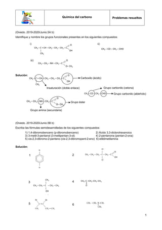 Química del carbono Problemas resueltos
1
(Oviedo. 2019-2020/Junio.5A b)
Identifique y nombre los grupos funcionales presentes en los siguientes compuestos:
Solución:
(Oviedo. 2019-2020/Junio.5B b)
Escriba las fórmulas semidesarrolladas de los siguientes compuestos:
1) 1,4-dibromobenceno (p-dibromobenceno) 2) Ácido 3,3-diclorohexanoico
3) 3-metil-3-pentanol (3-metilpentan-3-ol) 4) 2-pentanona (pentan-2-ona)
5) cis-2,3-dibromo-2-penteno (cis-2,3-dibromopent-2-eno) 6) etildimetilamina
Solución:
Carboxilo (ácido)
Insaturación (doble enlace)
Grupo éster
Grupo amina (secundaria)
1 2
3 4
5 6
Grupo carbonilo (cetona)
Grupo carbonilo (aldehído)
 