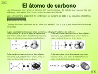 ÍNDICE
El átomo de carbonoEl átomo de carbono
Los compuestos que forma el carbono son numerosísimos. Se calcula que superan los tres
millones y cada año se descubren o sintetizan unos cien mil más.
Esta extraordinaria capacidad de combinación de carbono se debe a su estructura electrónica.
C (Z = 6) 1s2
2s2
2p2
Dispone de cuatro electrones en su nivel más externo, con lo que puede formar cuatro enlaces
covalentes.
Puede establecer enlaces con otros elementos, o bien entre átomos de carbono
Enlace entre el carbono y otros elementos
En el metano, CH4, el átomo de carbono forma cuatro
enlaces covalentes con cuatro átomos de hidrógeno
Enlaces simples entre átomos de carbono
En el etano, C2H6, cada átomo de carbono forma un
enlace covalente simple con el otro átomo.
Enlaces dobles entre átomos de carbono
En el eteno, C2H4, cada átomo de carbono forma un
enlace covalente doble con el otro átomo
Enlaces triples entre átomos de carbono
En el etino, C2H2, cada átomo de carbono forma un
enlace covalente triple con el otro átomo
 