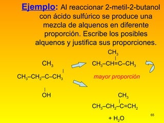 Ejemplo :   Al reaccionar 2-metil-2-butanol con ácido sulfúrico se produce una mezcla de alquenos en diferente proporción. Escribe los posibles alquenos y justifica sus proporciones.       CH 3   |     CH 3 CH 3 –CH=C–CH 3    |     CH 3 –CH 2 –C–CH 3      mayor proporción       |     OH       CH 3    |   CH 3 –CH 2 –C=CH 2   + H 2 O 