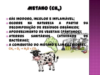  Gás inodoro, incolor e inflamável;
 Ocorre    na natureza a partir da
  decomposição de resíduos orgânicos;
 Apodrecimento de vegetais (pântanos);
 Aterros     sanitários    (atividade  de
  bactérias);
 A combustão do metano é limpa (biogás).
 
