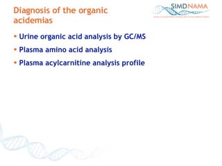 Urine organic acid analysis by GC/MS Plasma amino acid analysis Plasma acylcarnitine analysis profile Diagnosis of the organic acidemias 
