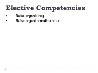 Elective Competencies
• Raise organic hog
• Raise organic small ruminant
 
