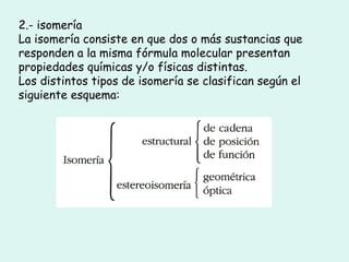 2.- isomería  La isomería consiste en que dos o más sustancias que responden a la misma fórmula molecular presentan propiedades químicas y/o físicas distintas.  Los distintos tipos de isomería se clasifican según el siguiente esquema:    