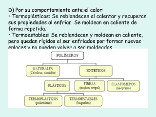 D) Por su comportamiento ante el calor:
• Termoplásticos: Se reblandecen al calentar y recuperan
sus propiedades al enfriar. Se moldean en caliente de
forma repetida.
• Termoestables: Se reblandecen y moldean en caliente,
pero quedan rígidos al ser enfriados por formar nuevos
enlaces y no pueden volver a ser moldeados.
 
