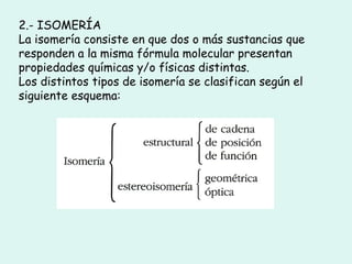 2.- ISOMERÍA
La isomería consiste en que dos o más sustancias que
responden a la misma fórmula molecular presentan
propiedades químicas y/o físicas distintas.
Los distintos tipos de isomería se clasifican según el
siguiente esquema:
  
 
