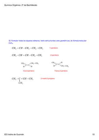Química Orgánica. 2º de Bachillerato




    10. Formular todos los alquenos isómeros, tanto estructurales como geométricos, de fórmula molecular
    C5H10.

                                                        1­penteno



                                                         2­penteno




                      Cis­2­penteno                           Trans­2­penteno



                                             2­metil­2­propeno




IES Isidra de Guzmán                                                                                       10
 
