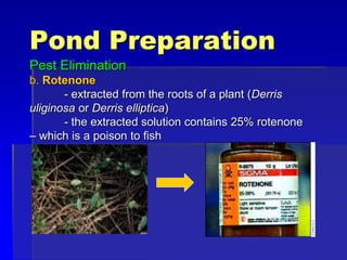 Pond Preparation
Pest Elimination
b. Rotenone
- extracted from the roots of a plant (Derris
uliginosa or Derris elliptica)
- the extracted solution contains 25% rotenone
– which is a poison to fish
 