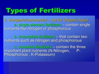 Types of Fertilizers
2. Inorganic/commercial – not for Organic Aqua.
a. single element fertilizers – contain single
nutrients like nitrogen or phosphorous
b. incomplete fertilizers – that contain two
nutrients such as nitrogen and phosphorous
c. complete fertilizers – contain the three
important plant nutrients (N-Nitrogen, P-
Phosphorous , K-Potassium)
 