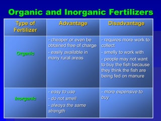 Organic and Inorganic Fertilizers
Type of
Fertilizer
Advantage Disadvantage
Organic
- cheaper or even be
obtained free of charge
- easily available in
many rural areas
- requires more work to
collect
- smelly to work with
- people may not want
to buy the fish because
they think the fish are
being fed on manure
Inorganic
- easy to use
- do not smell
- always the same
strength
- more expensive to
buy
 